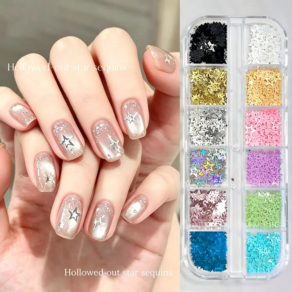 12grids 3D Colorful Hollow Star Nail Art Squins Holographic Laser Five-Pointed Star Nail Flakes 12colors Sparkle Star Nail Decor