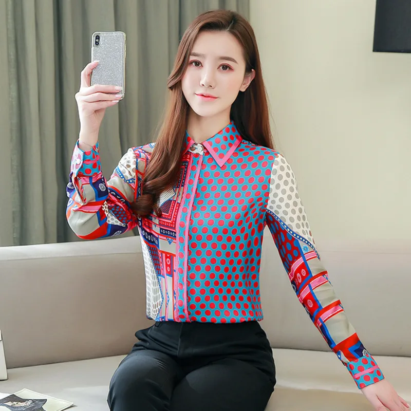 # 3158 Dot bedrukt satijnen overhemd slim fit vintage shirt met lange mouwen dames elegant kantoor dames tops en blouses polokraag lente