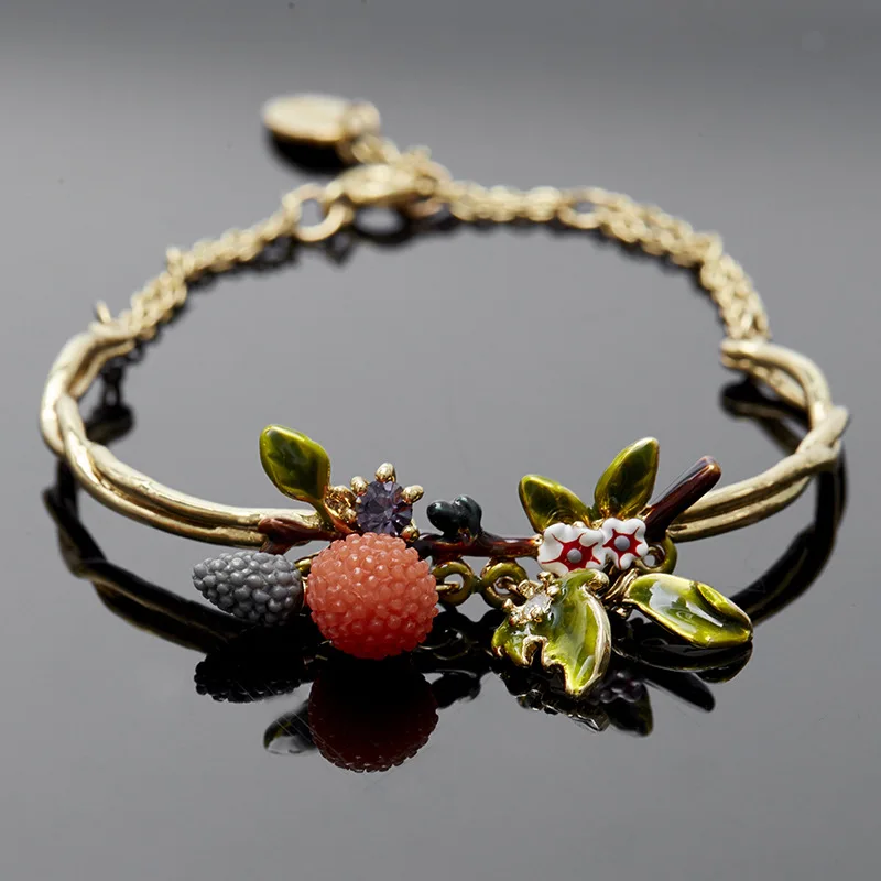 

New Fresh Fashion Enamel Coloured Glaze Flowers Green Leafy Raspberry Fruit Multi-drop Double Chain Bracelet Sweet Bangle Women