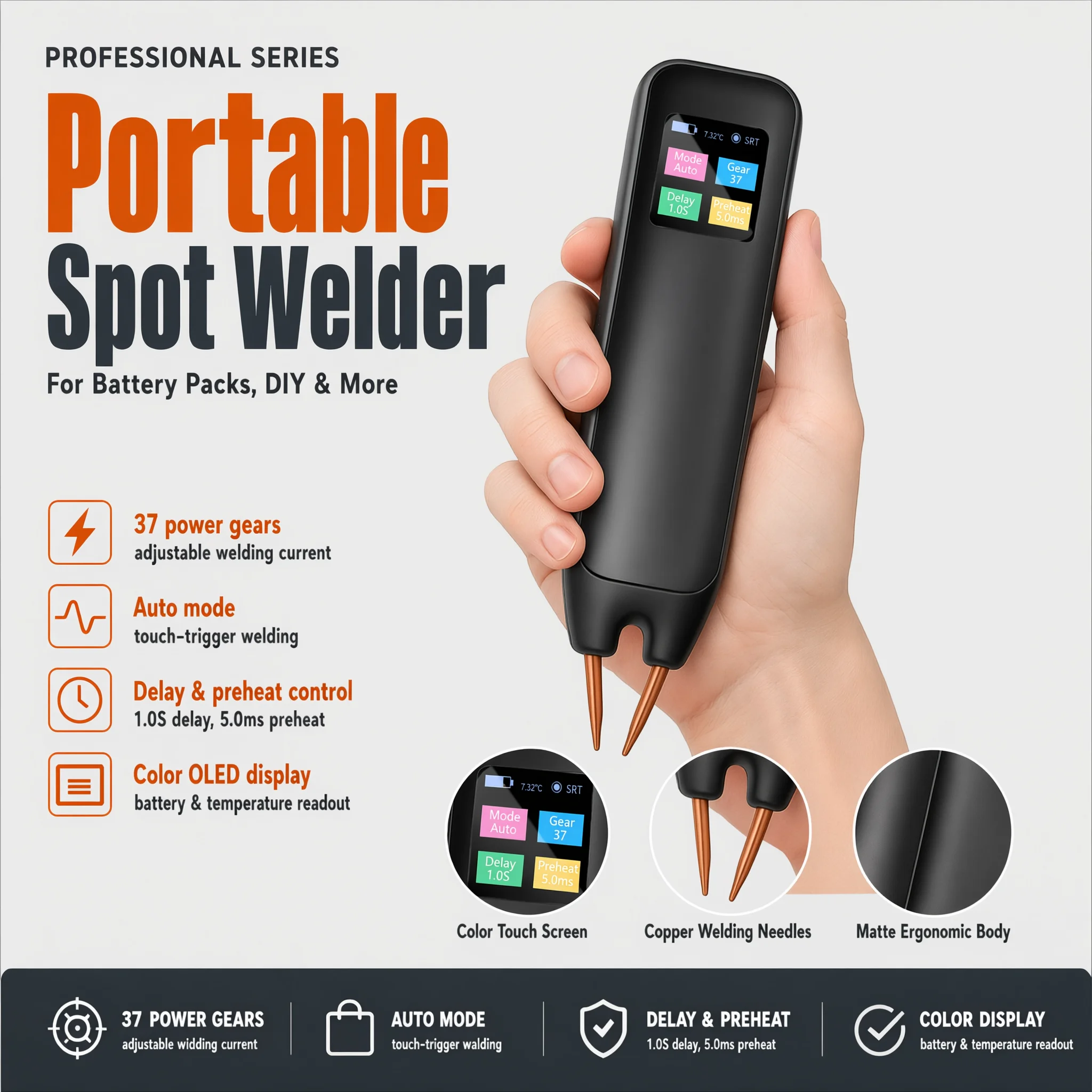 Handheld Spot Welder 800A Portable Spot Welding Machine 3000mAh Powered with TFT Display for 18650 Battery Nickel Strip Welding
