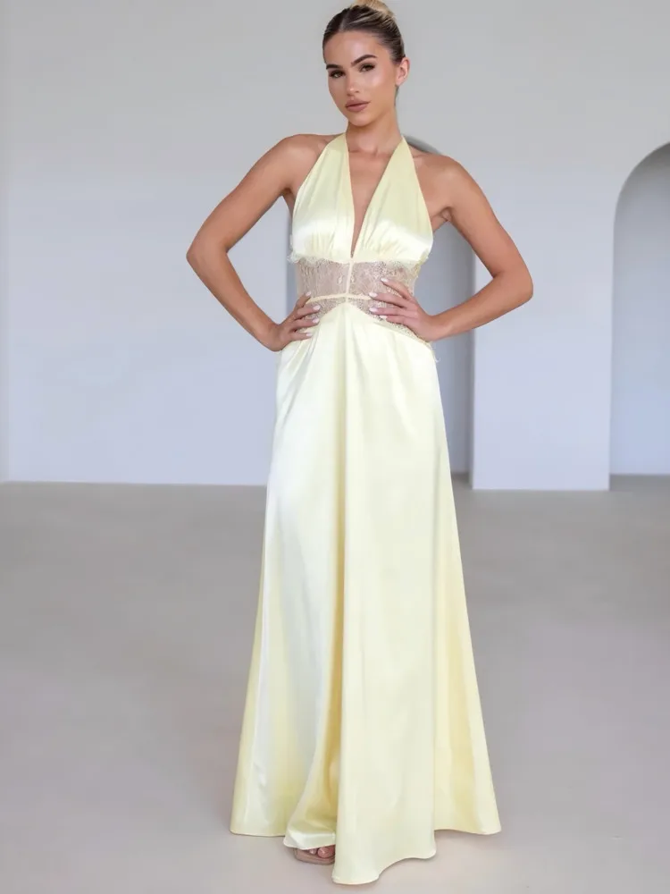 Arctic Cat Elegantแขวนคอซาตินลูกไม้Patchworkชุดผู้หญิงเซ็กซี่ลึกV Backless Bodycon Partyชุดราตรี 2025 ฤดูร้อน