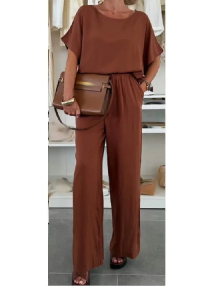 Frauen Fashion Solid Set Casual Kurzarm O Neck T Shirt Tops + Hohe Taille Breite Bein Hosen 2 stück Sets Streetwear Kleidung Neue