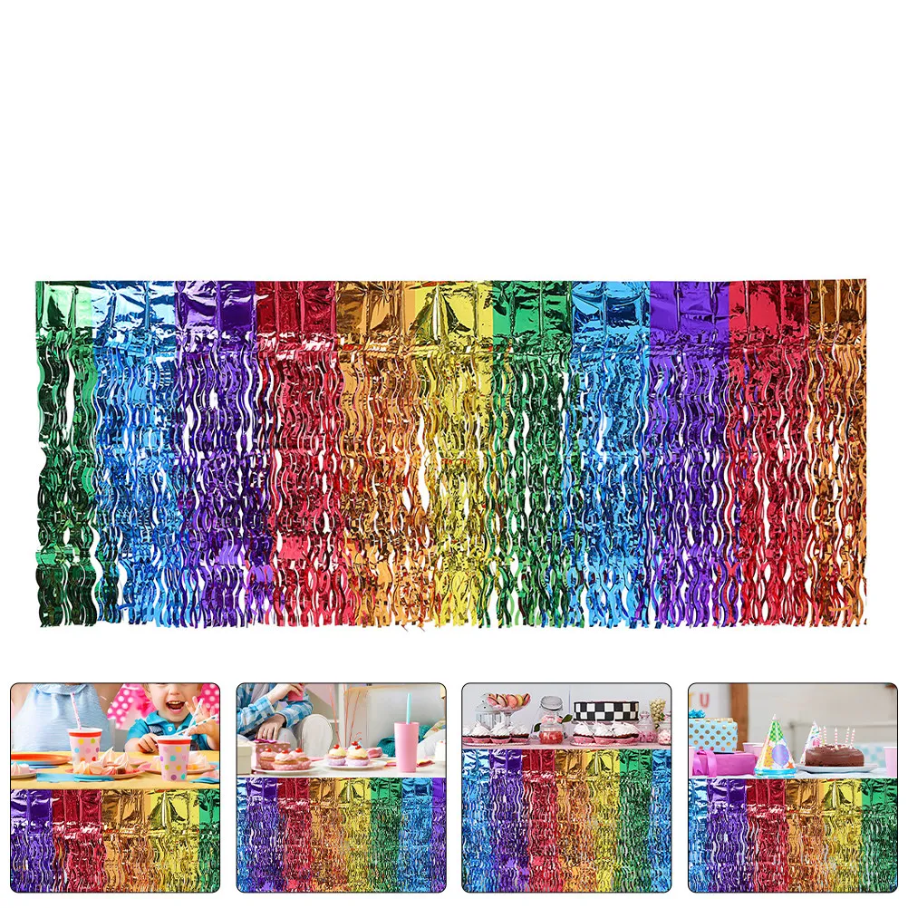 Rainbow Fringe Table Skirt Wavy Scimitar Shape Vibrant Tinsel Curtain for Birthday Party Wedding Shower Carnival Festival