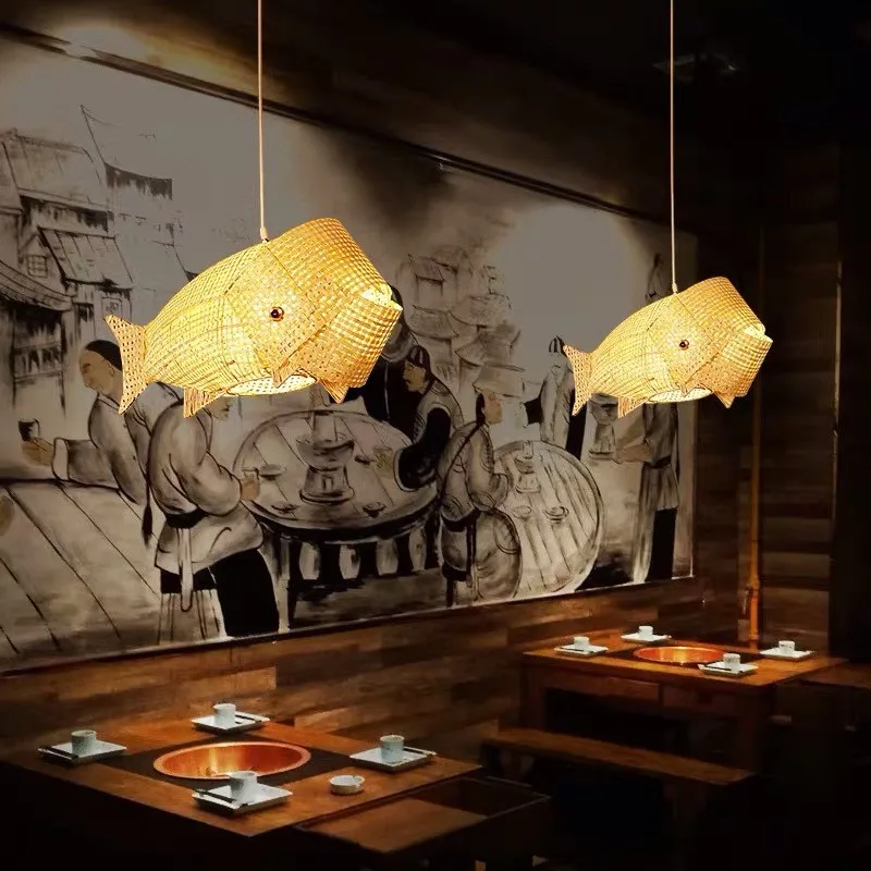 Carp lamp bamboo and wood chandelier, suitable for lighting, restaurant, garden, dining room, living room, manual chandelier