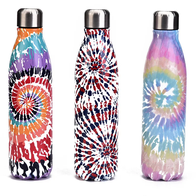 Double Stainless Steel Cola Water Bottle, Heat Lock, Cold Seal, Leak Proof, Color Tie Dye, Outdoor Sports, Thermos Cup, 500ml