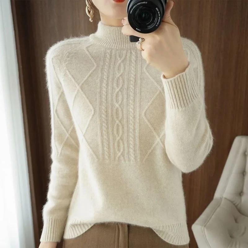 New Autumn/Winter Fashion Korean Edition Half High Neck Lazy Solid Color Thick Loose Versatile Slim Women\'s Long Sleeve Sweater