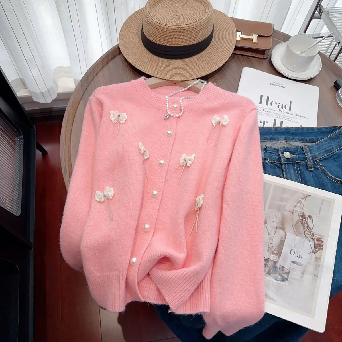 Sweet Bow Sweater Jacket with Loose Round Neck for Spring Autumn Women\'s Wear 2024 New Fragrance Style Knitted Cardigan Trend