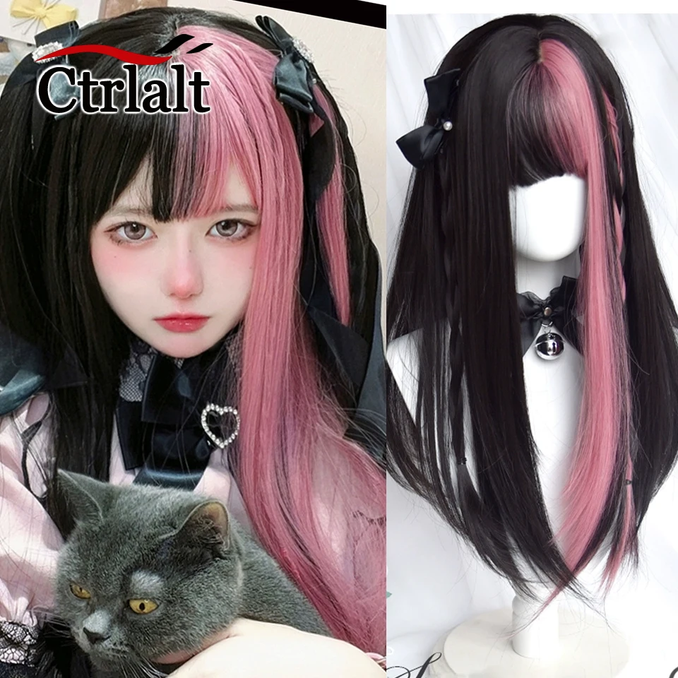

Long Straight Black Mixed Purple Lolita Wig Synthetic Purple Blonde Hair For Cosplay Daily Party Wig With Bangs for Women