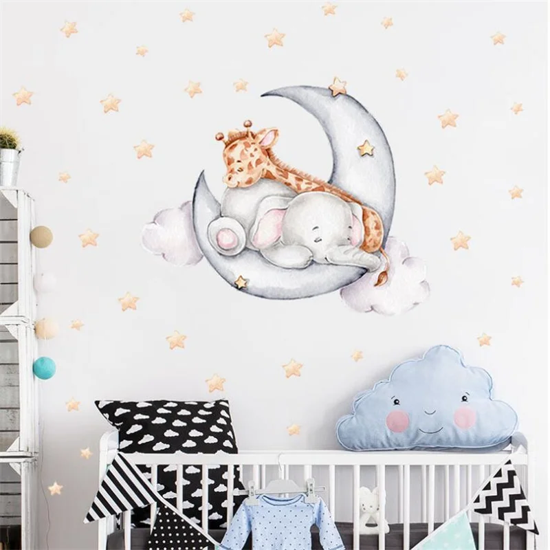 Cartoon Elephant Giraffe On The Moon Wall Stickers for Kids Room Decoration Wall Decals Nursery Stciker Interior Wallpaper Decor