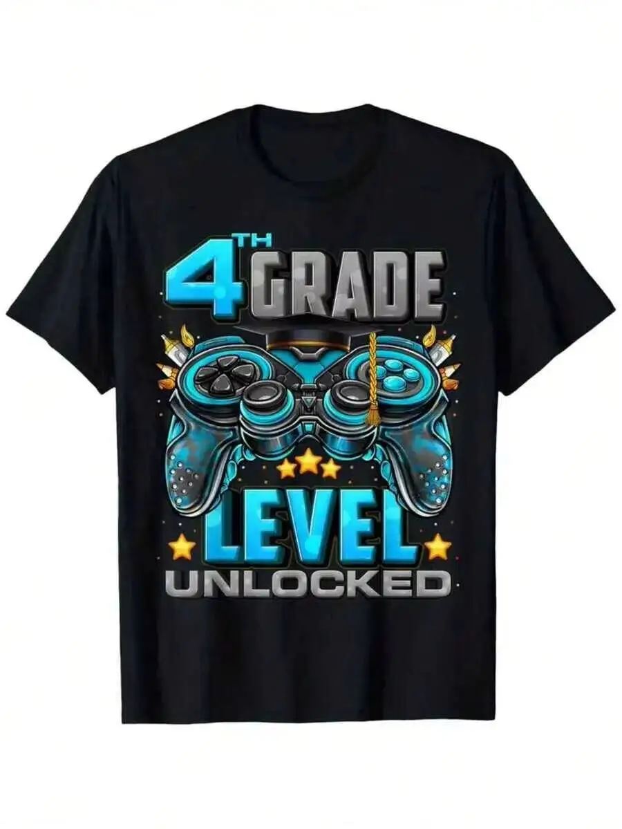 Level Unlocked Shirt Back To School 4Th Grade Boys T-Shirt, Game Print Soft Cotton Casual Top For New Semester Campus Wear 100% Cotton Kids Trendy Y2K Short-Sleeve Tee – Soft, Breathable, Sweat-Wicking, Skin-Friendly For Boys Girls