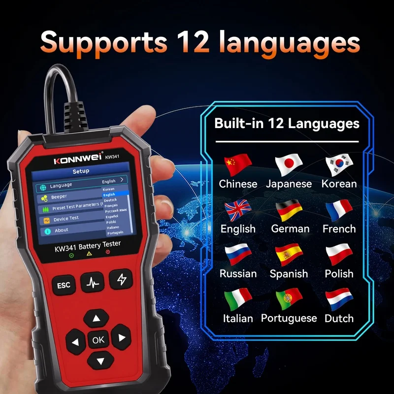 Lorvmed KW34 Handheld Battery Tester 6V‑24V For Motorcycle Car Truck QR Code Check 3.5 Inch Screen