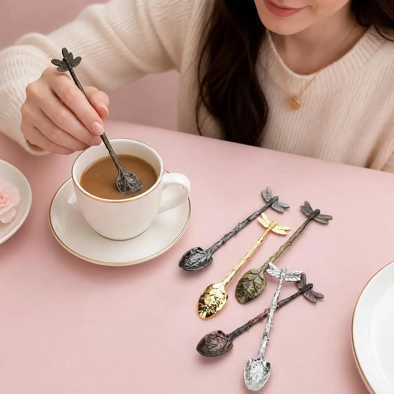 Stirring Spoon Twig Design Dragonfly Coffee Spoon Zinc Alloy Smooth Edges Dessert Spoon Vintage Teaspoon Pudding