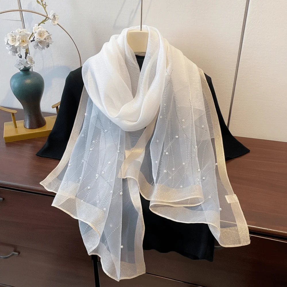 

Elagant Shimmer Pearls Striped Hijab Scarf Plain Solid Soft Lady Bandanas Breathable Long Foulard Hijab