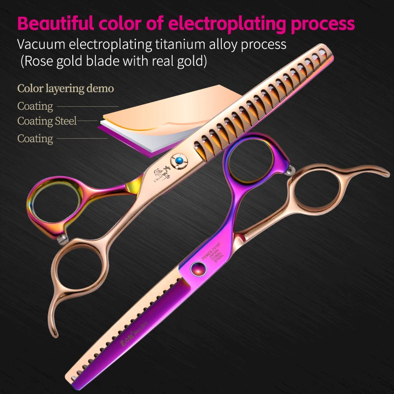 Fenice High-end 6.5/7.0/7.5 inch JP440C Fashion Contrast Colour Pet Cutting Curved Chunker Thinning Grooming Scissors petkit