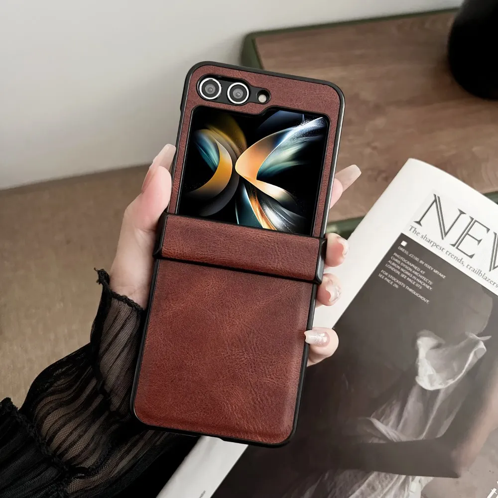 For Samsung Galaxy Z Flip 6 5 4 3 Case Luxury Faux Leather Hinge All-inclusive Folding Shockproof Protective Hard Back Cover