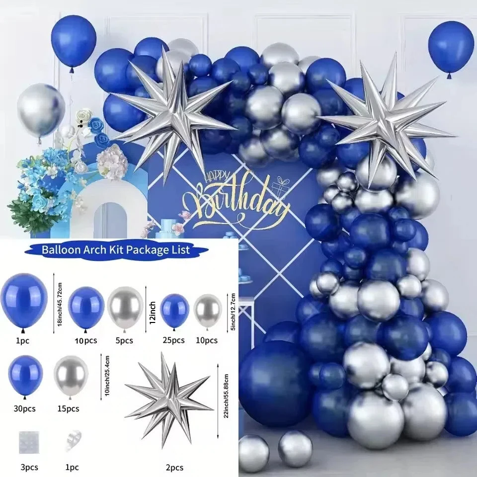 102-teiliges Starburst-Design Blau-Silber Ballon-Set für Geburtstag Hochzeit Babyparty Festival Innen- und Außendekoration – Detail 3