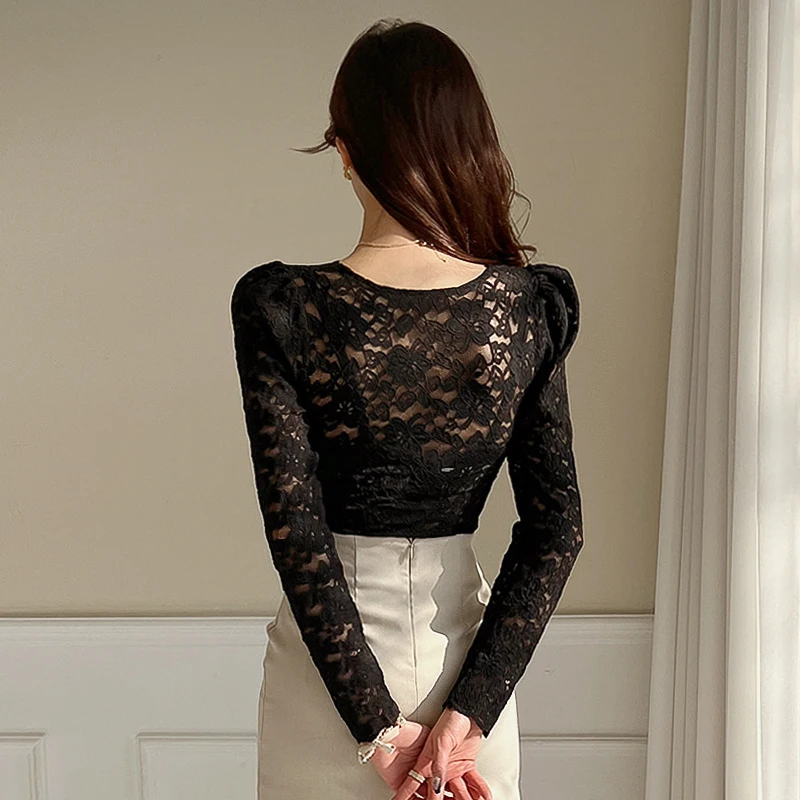 New 2024 Spring Women Lace Blouse Long Sleeve Deep V Neck Slim Fit Blouse Hollow Out Body Shirt Woman Hot Sale