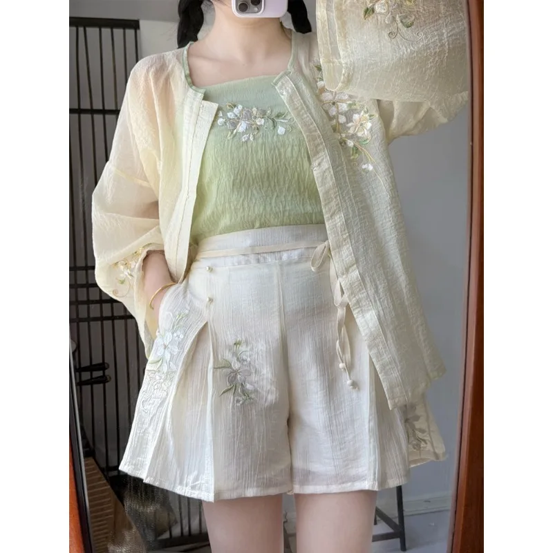 

Han Element Embroidered Round Neck Top Shorts Skirt Set Spring Summer Daily Wear