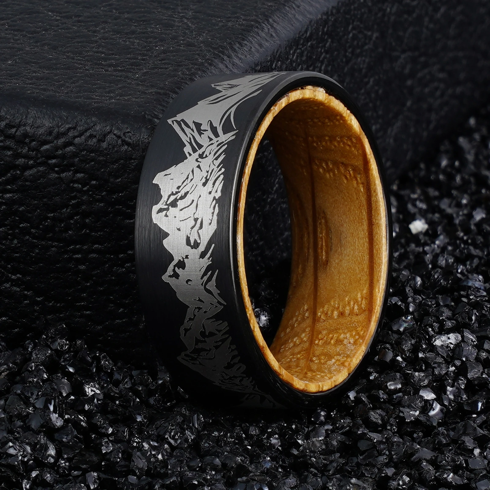 8mm Width Custom Ring for Man Black Tungsten Carbide Band Matte Finish Engrave Mountain for Outdoor Person Gift 7-12 Comfort Fit