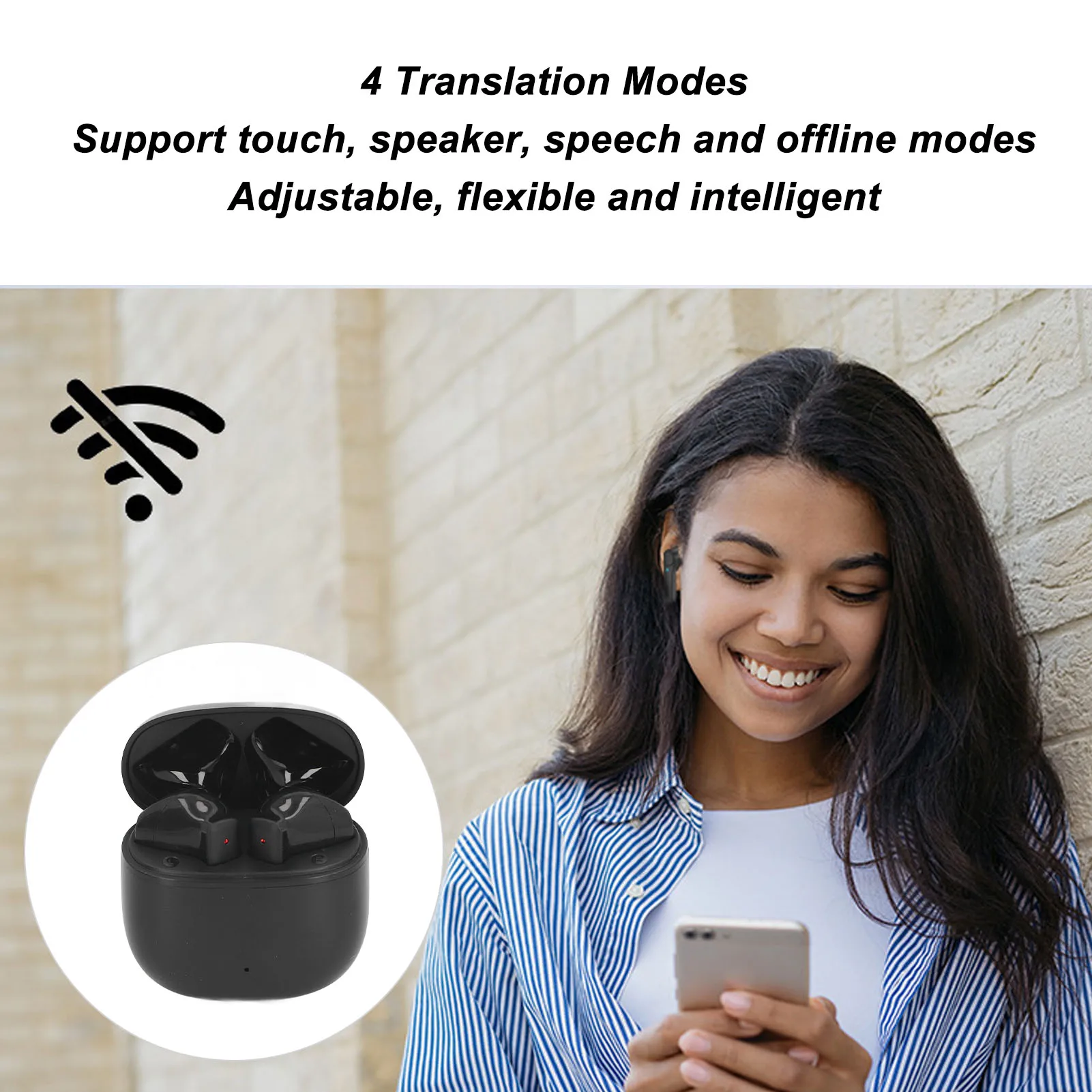 블루투스 번역 이어버드는 74개 언어와 70개 방언을 지원하며, 스테레오 소음 감소 기능이 있는 무선 번역 이어폰이며, 앱과 함께 제공됩니다.