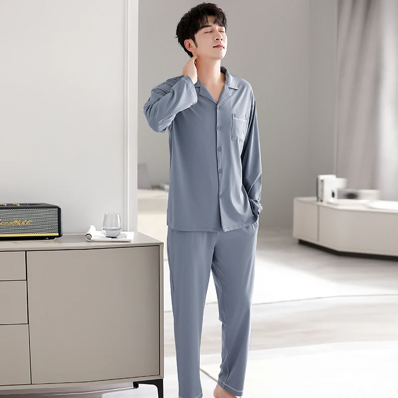 Spring and Autumn Modal Men's Pajamas Cardigan Flip Collar Simple Fashion Soft Skincare Men's Pajamas