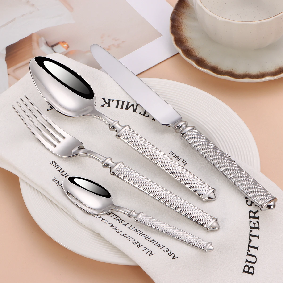 4/6/12/16/20Pcs Gold Cutlery Stainless Steel Tableware Mirror Sliver Fork Spoon Western Double Sided Pattern Handle Dinner Set