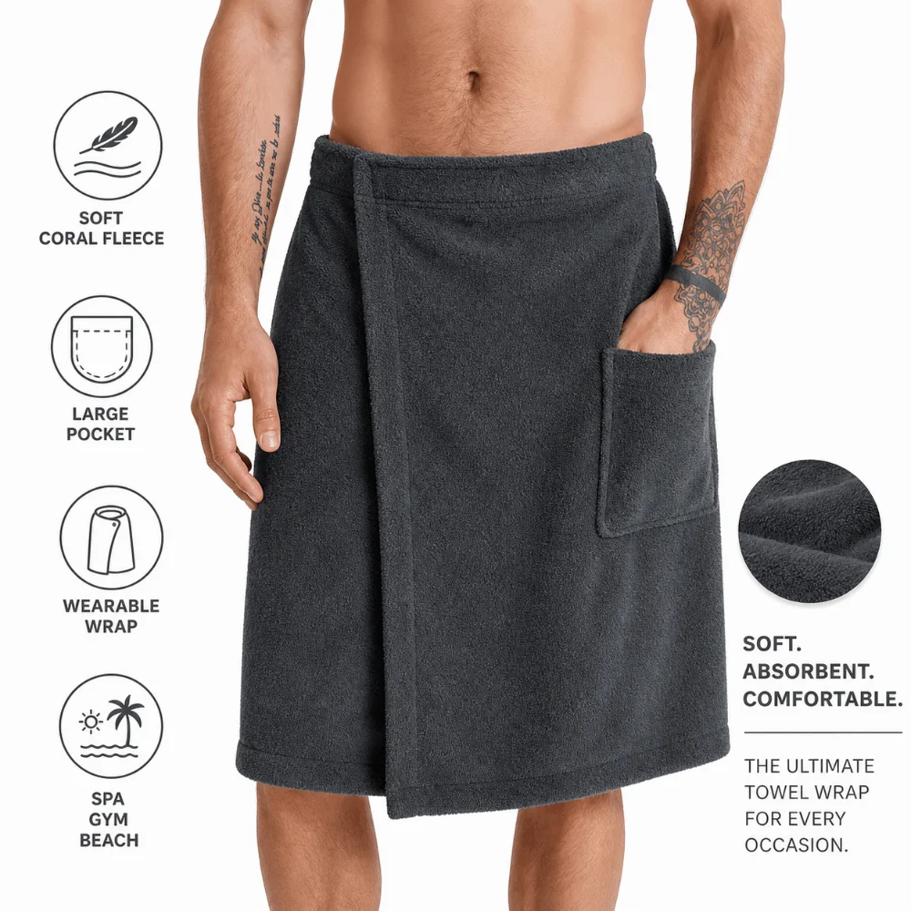 New Soft Men Wearable Bath Towel Adjustable Fastener with Pocket Bath Wrap Skirt Absorbent Comfortable Spa Bath Towel Sauna