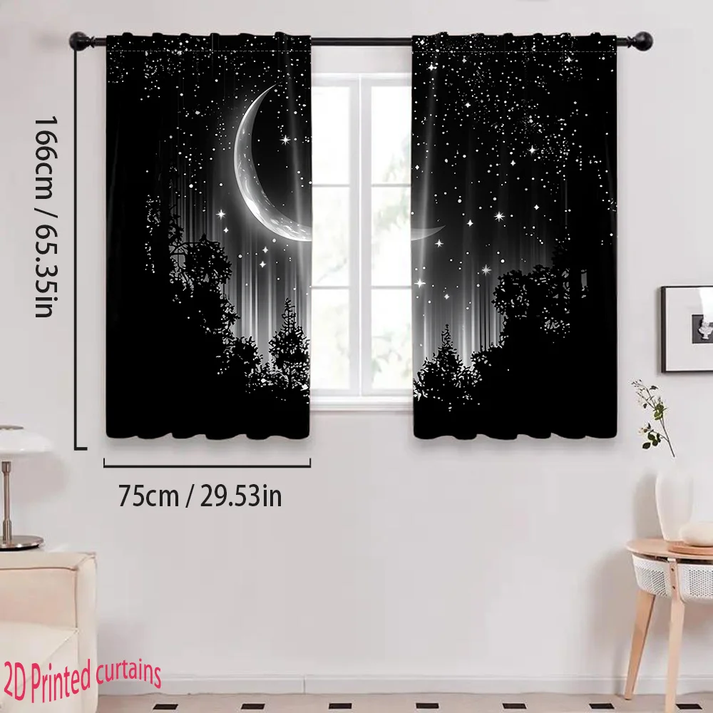 Dreamy Star Moon Blackout Rod Pocket Curtain Crescent Meteor Pine Tree Silhouette Night Sky Print Calming Living Bedroom Window