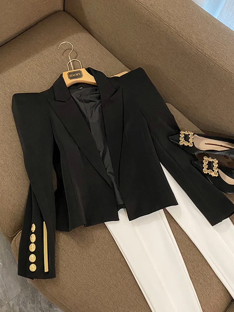 Fashion Fall Winter Spring Shrug Shoulder Coat High Street Basic Solid Long Sleeve Women Black Short Blazer