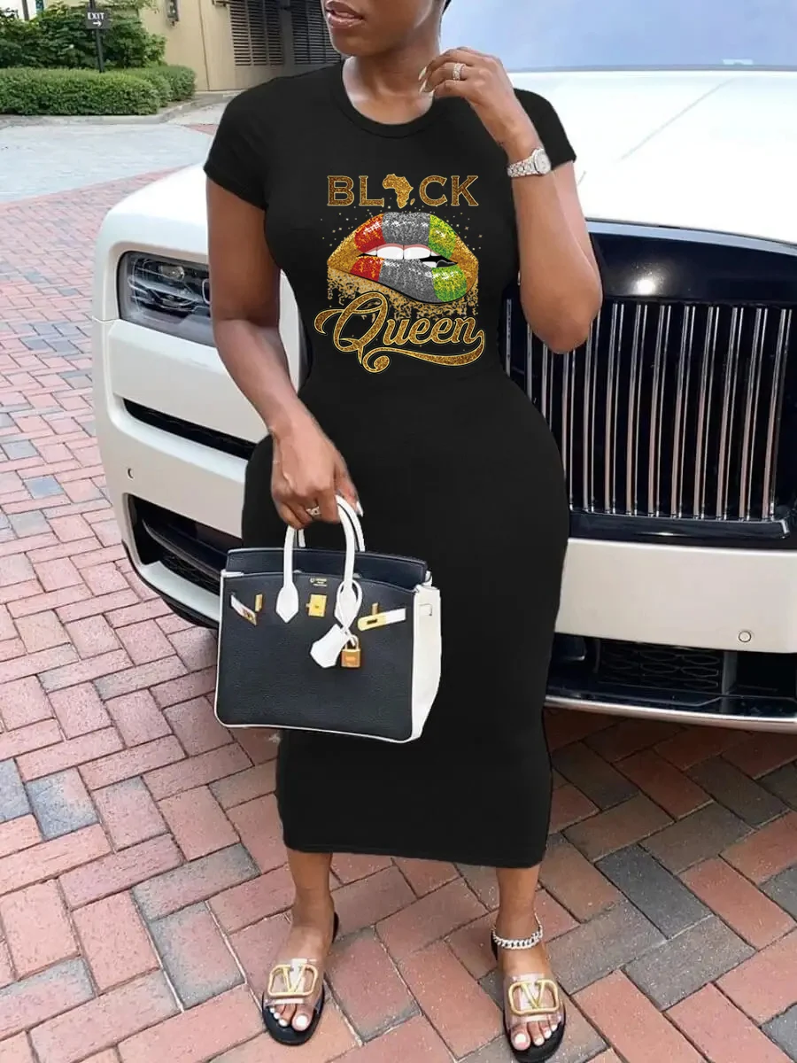 夏黒のセクシーなドレスの女性のブラッククイーンプリントカジュアルスリムフィットノースリーブラウンドネック Tシャツミニドレス