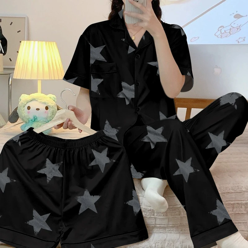 Summer Women's Pajamas Women Pajama Sets Imitation Cotton Short Sleeve Star Printed Fashion Sleepwear 3 Piece Set Home Clothes