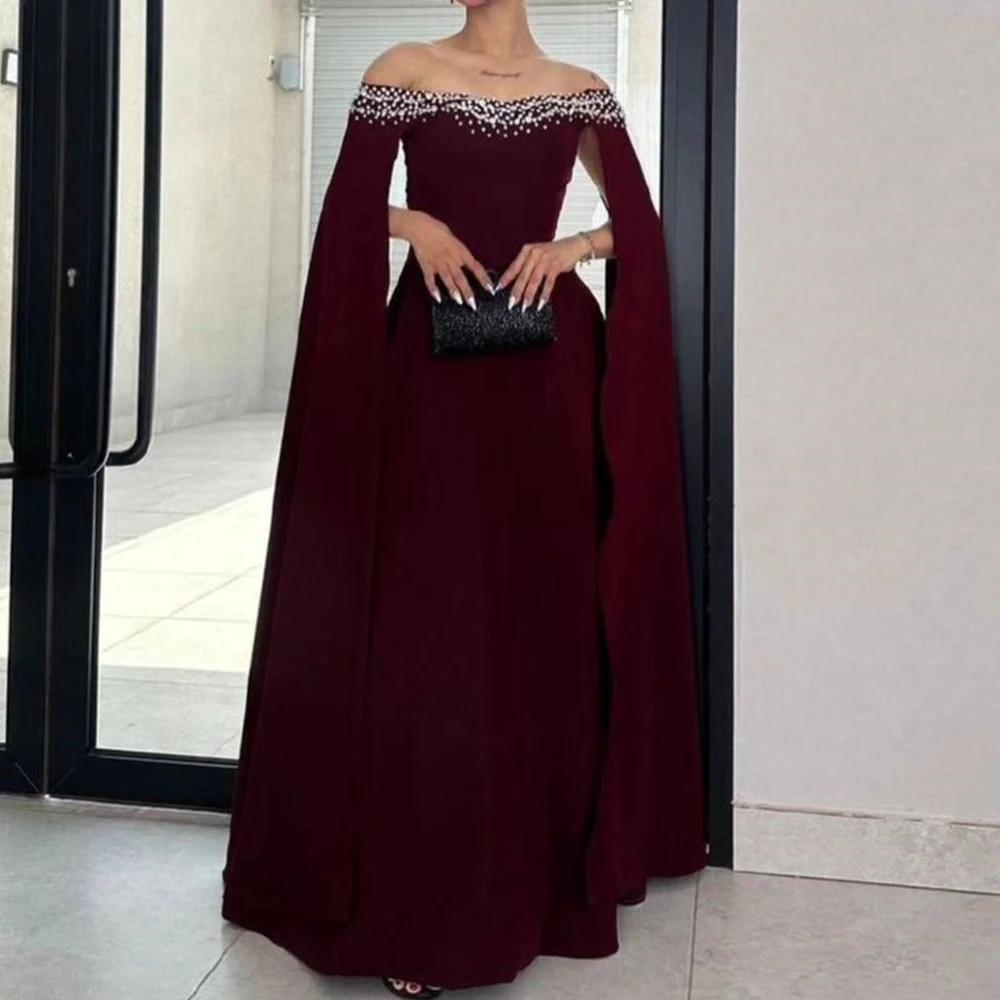 

Burgundy Jersey Crystal Beading Strapless Evening Dress Pleats Elegant Zipper Back Sleeveless Off the Shoulder Floor Length 2024