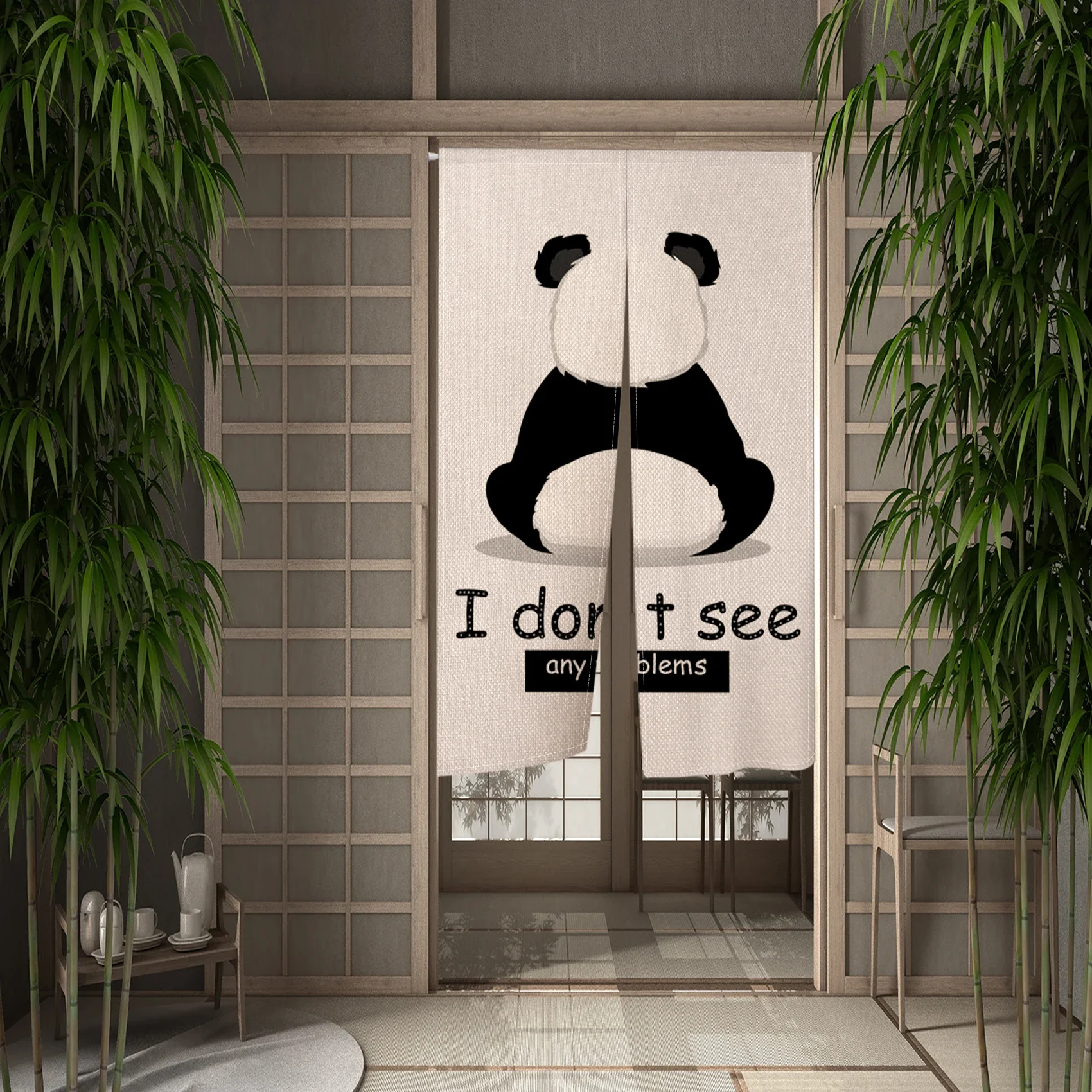 Cute Panda Japanese Door Curtain Panda Bamboo Painting Traditional Kitchen Room Partition Doorway Entrance Hanging Half-Curtains