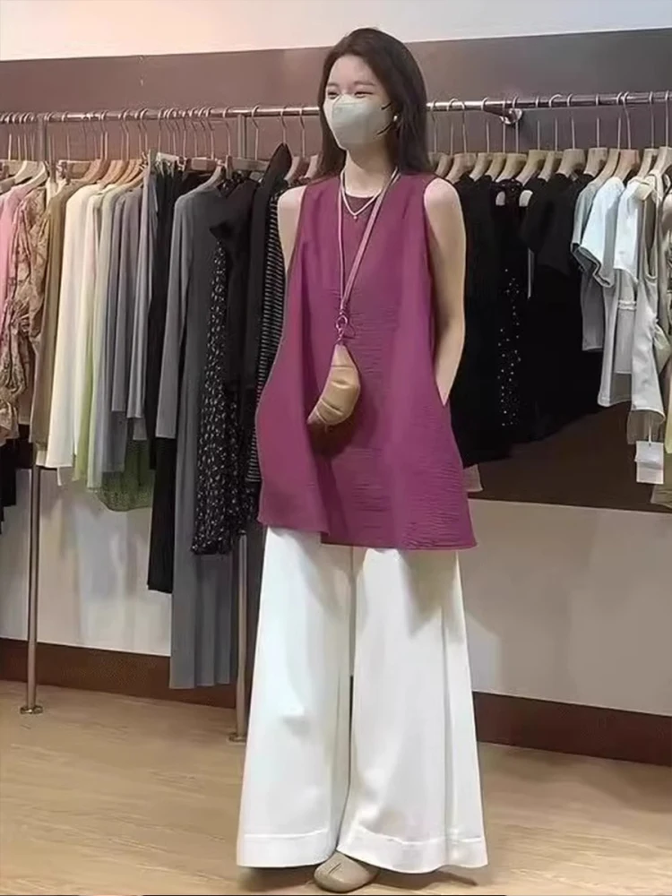 

Purple round Ne Svel Linen irt Women's Summer Outdoor Wear Midi Length Strap Vest Loose Doll irt Top Thin