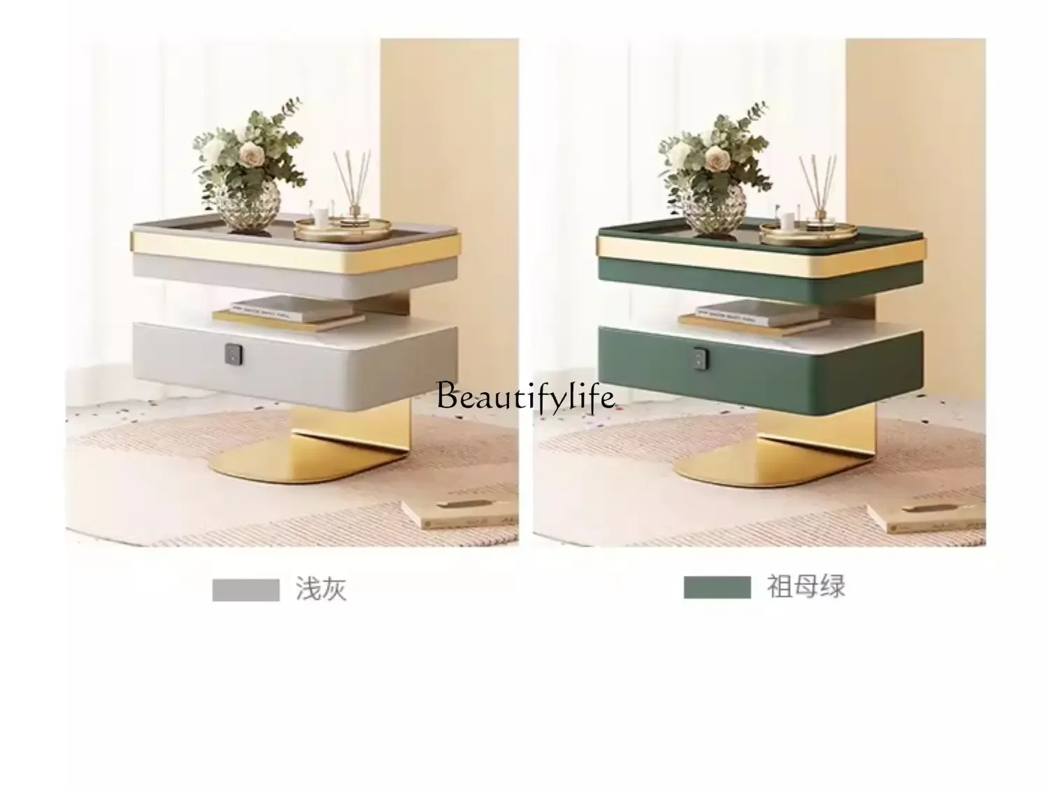 44Light Luxury with Fingerprint Lock Glass Advanced Sense Stone Plate Smart Bedside Cabinet