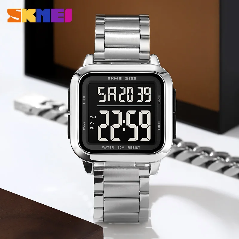 SKMEI Original Watch Stainless Steel Digital Wristwatch Countdown Stopwatch Sport Watches for Man 5 Alarm Clock Waterproof 2133