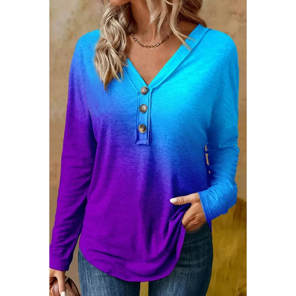 Flycurvy Plus Size Herfst Winter Casual Blauw Colorblock Ombre Knoop V Hals Lange Mouw Blouse Shirts