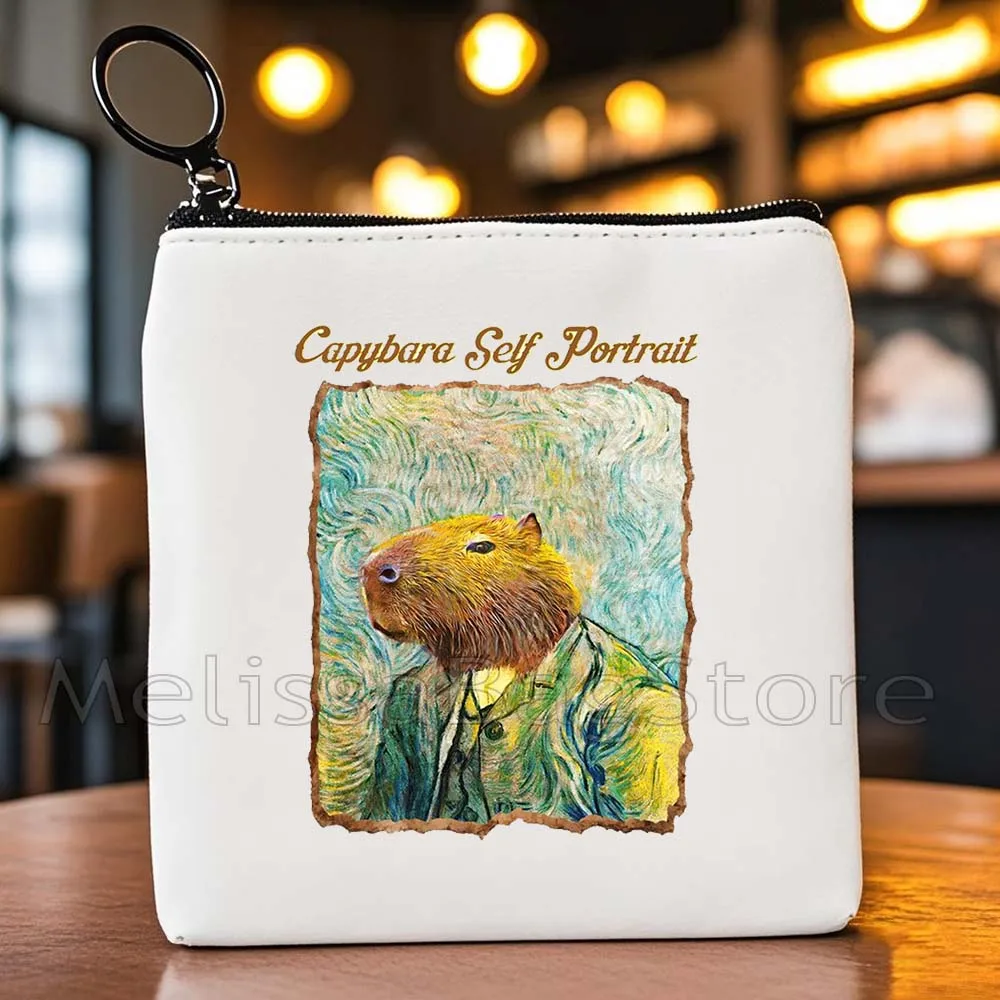 Cute Cartoon Capybara Animal Capybara with Daisy Flower Be Cappy Cotton Canvas Coin Purse Key Case Small Bag Wallet Zipper Pouch