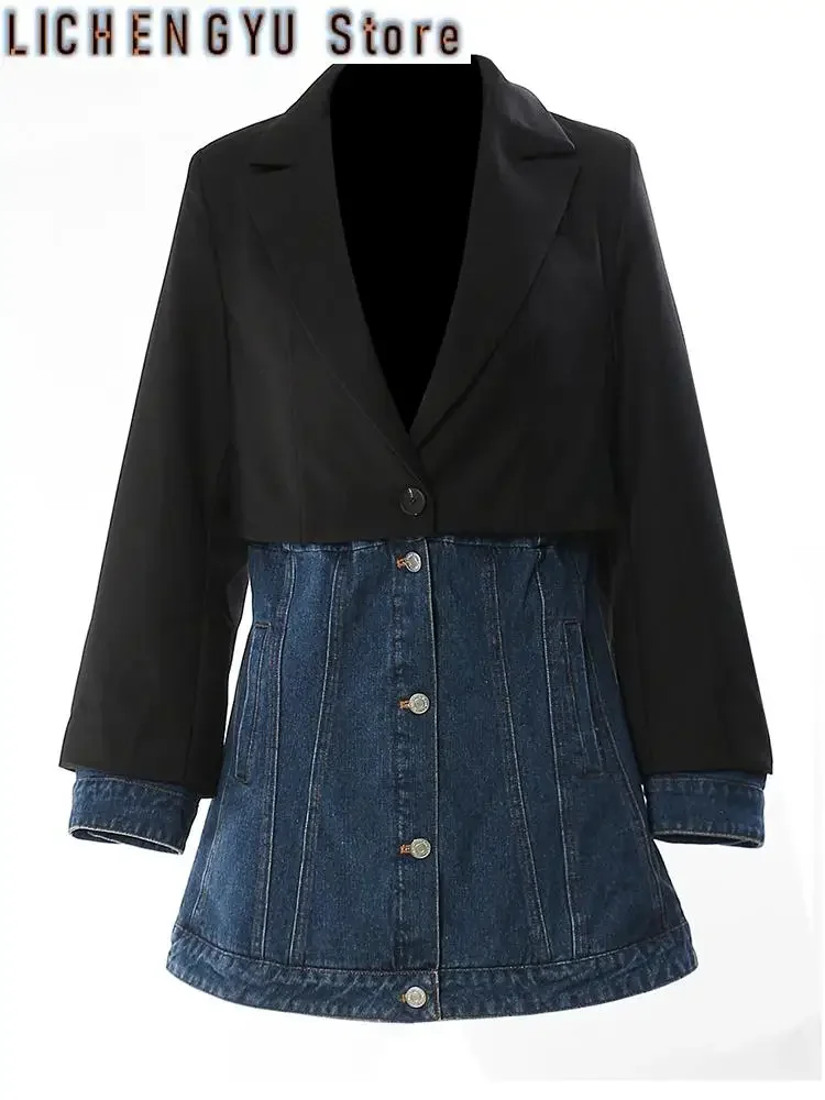 Women Blue Denim Color-block Long Blazer New Lapel Long Sleeve Loose Fit Jacket Fashion Tide Spring Autumn