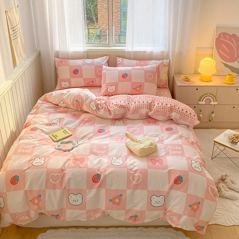 Kawaii Strawberry Rabbit Bedding Set For Home Cotton Twin Full Queen Size Cute Double Fitted Bed Sheet Girl Quilt Duvet Cover