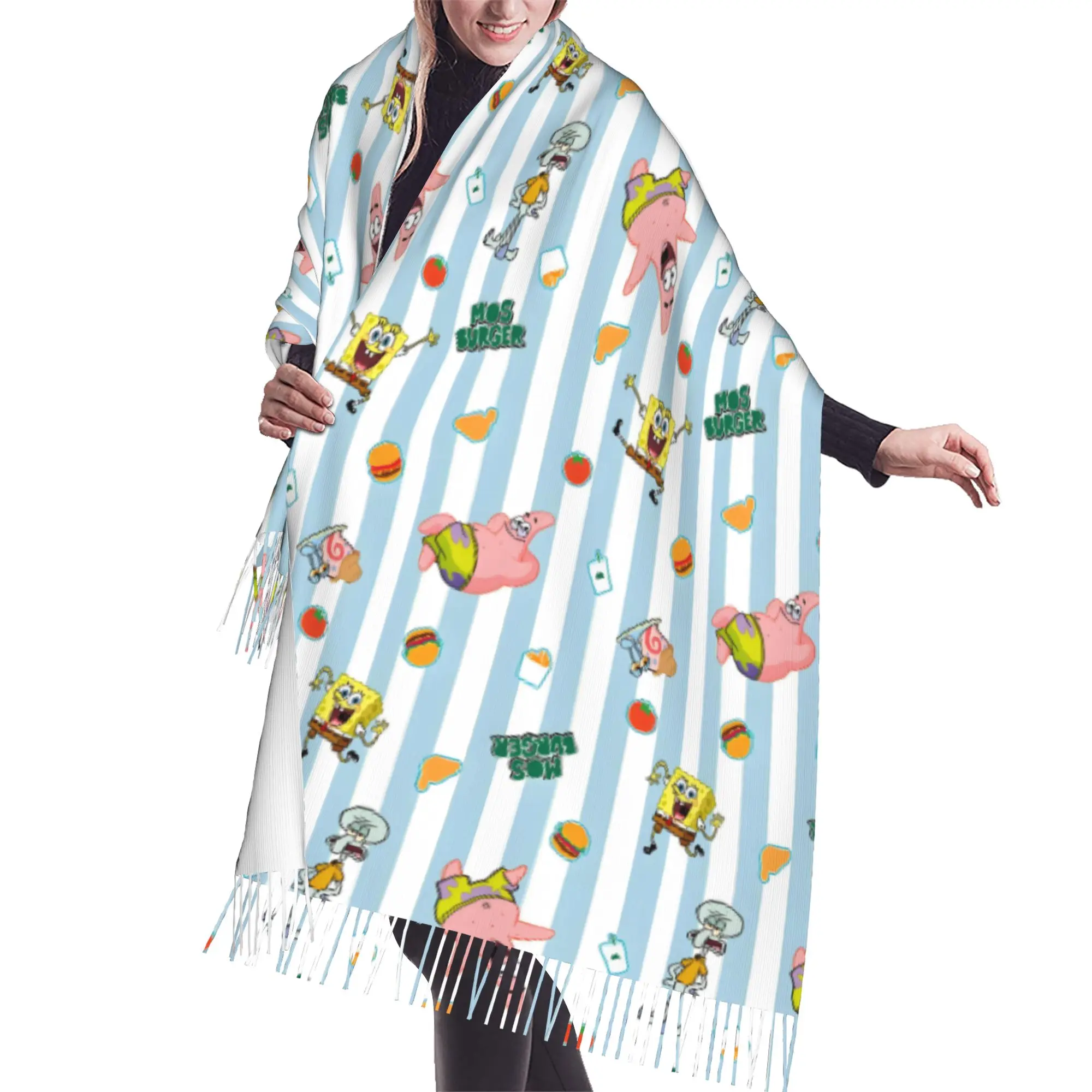 Custom S-Sponges Anime Bobes Tassel Scarf Women Soft Starfish Cartoon Shawl Wrap Female Winter Fall Scarves