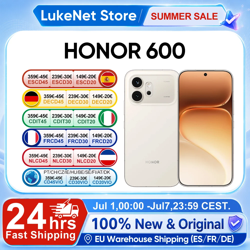 Teléfono Inteligente HONOR 600 5G Versión EU, Cámara Ultra Nocturna con IA de 200MP, 6400mAh, Snapdragon 7 Gen4, Botón IA, Pantalla AMOLED de 6.57'', Supercarga de 80W
