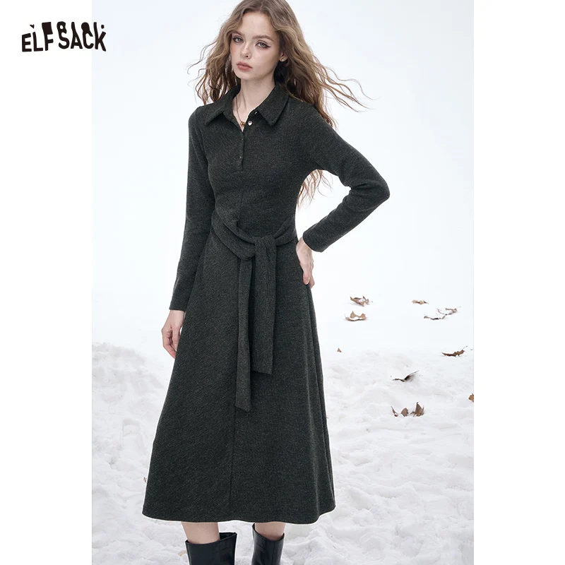 

ELFSACK 2025 Winter New Arrivals Elegant Minimalist Classic Slim Fit Lapel Belt Midi Dress For Women