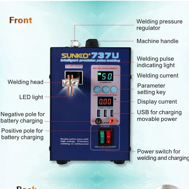 

SUNKKO 737U Battery Spot Welder 2.8kw LED light Pulse Spot Welding Machine USB Charging Testing for 18650 Lithium Battery Weld