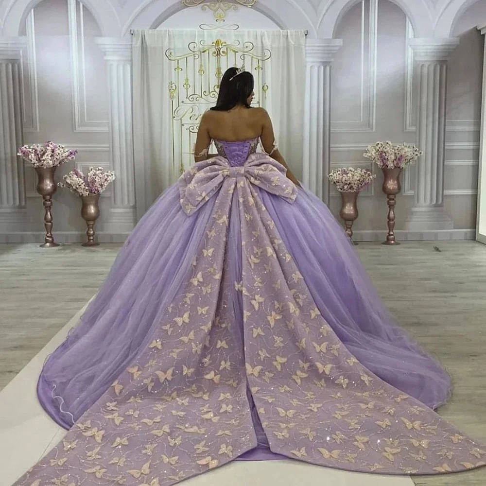 Vestido de baile de tul lila para quinceañera, vestidos de fiesta formales con lazo de flor de mariposa, dulce 16