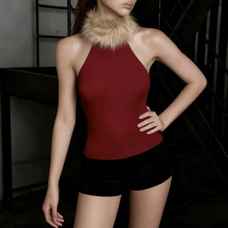 

OMSJ New Style Spliced Fur Collar Sleeveless Solid Color Off-shoulder Tank Tops Women's Fashion Y2K Street Casual Nightclub Vest