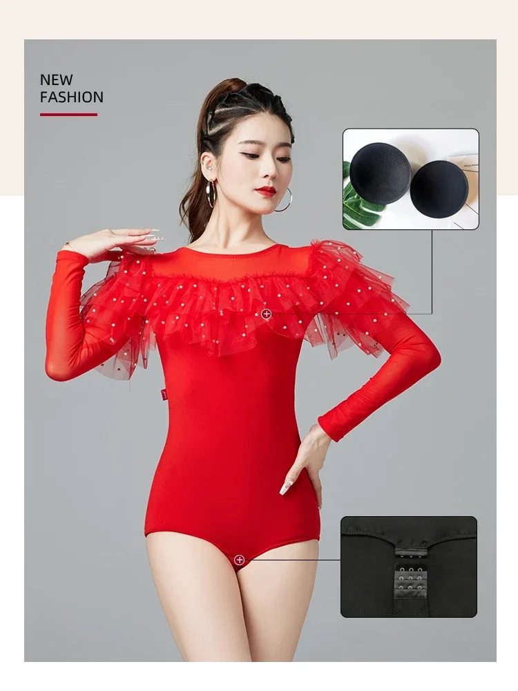 

X2155 Modern Dance Jumpsuit Girls Dancing Tops Female Ballroom Dances Blouse Waltz Cha Dances Jumpsuit Round Neck Suit
