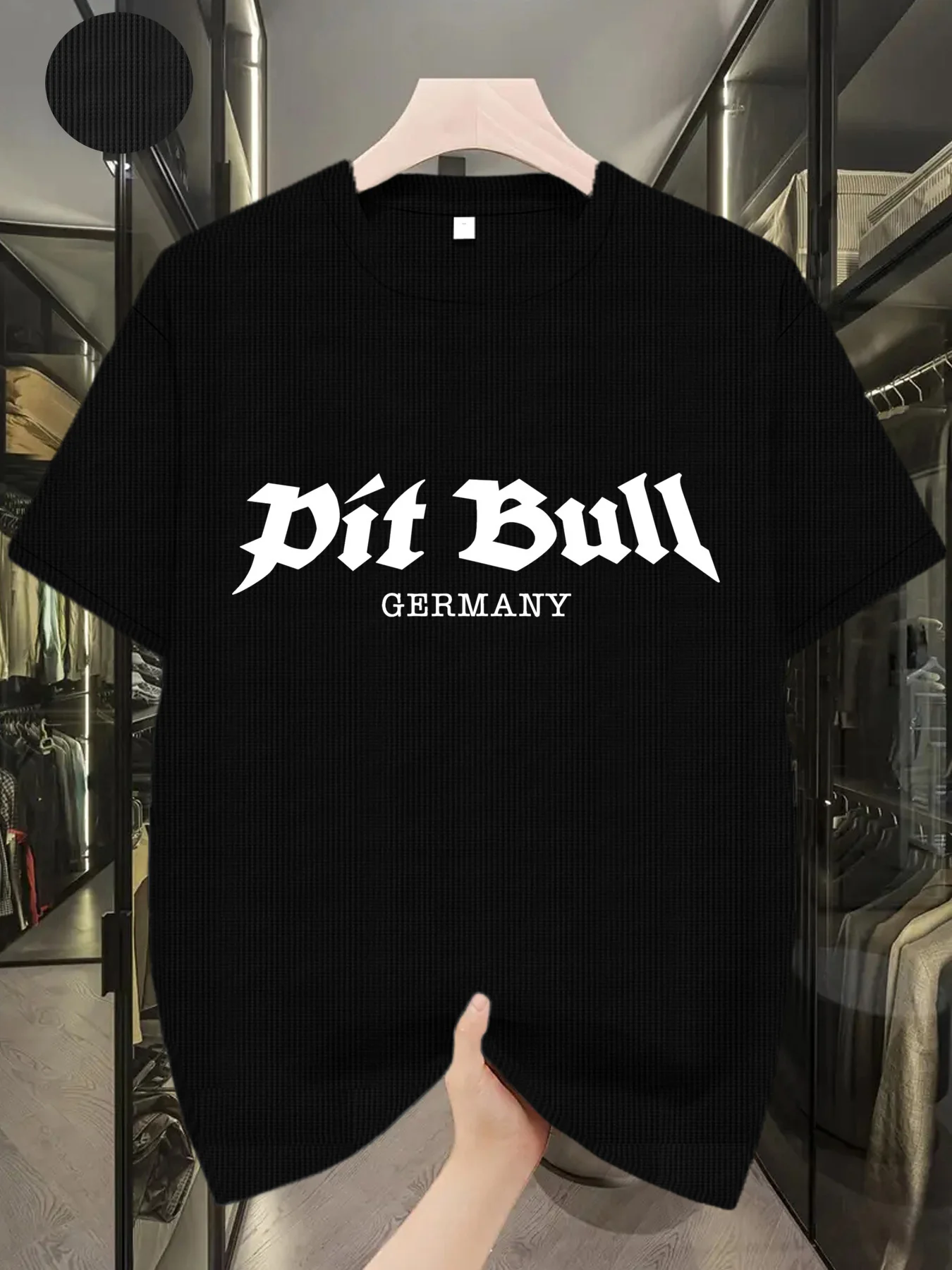 Camiseta de manga corta con estampado Pir Bull Germany de verano para hombre, tejido tipo gofre ligero y transpirable, azul marino con negrita