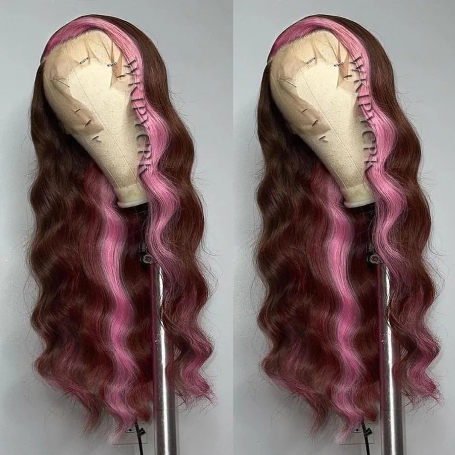 24-Zoll-Perücke mit rosa Skunk-Streifen, synthetische Lace-Front-Perücke mit braunem Haar und rosa Highlights-Streifen für schwarze Frauen, vorgezupft, L