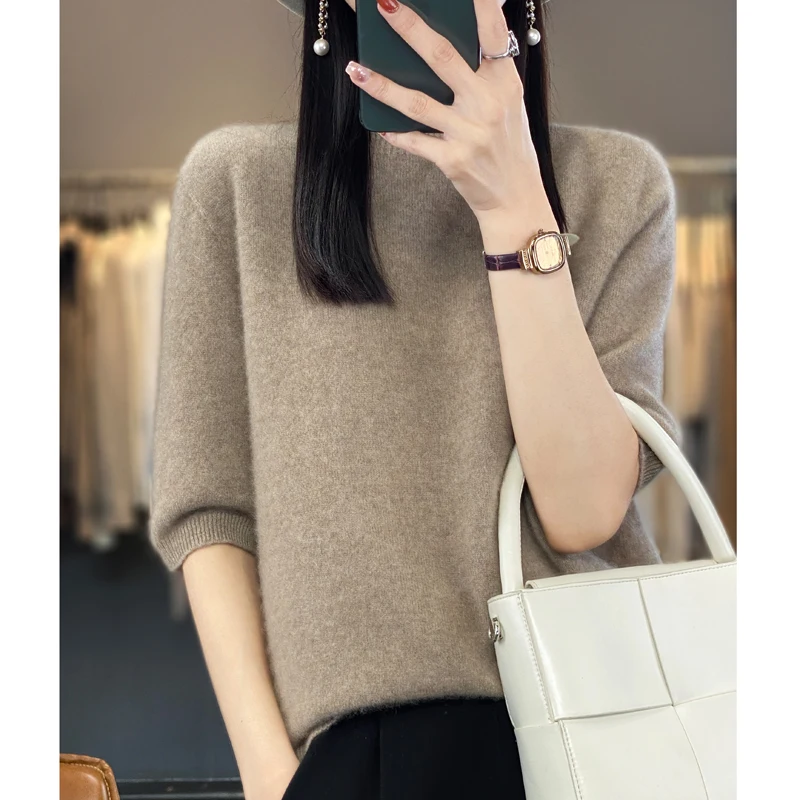 Spring and Autumn Joker Half Sleeve Knitted Sweater Women's 100% Pure Wool Short Sleeve Knitted Thin Semi-high Collar Bottom Shi